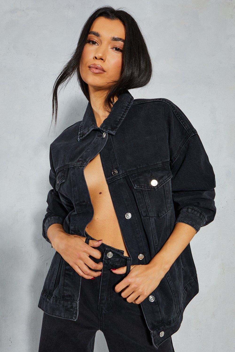 Oversized Longline Washed Black Denim Jacket boohoo UK